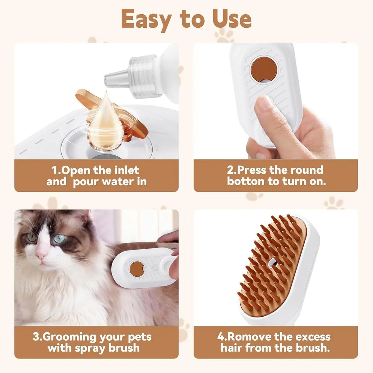 3-in-1 cat steam brush with foldable handle, soft silicone bristles, and spray button for pet grooming