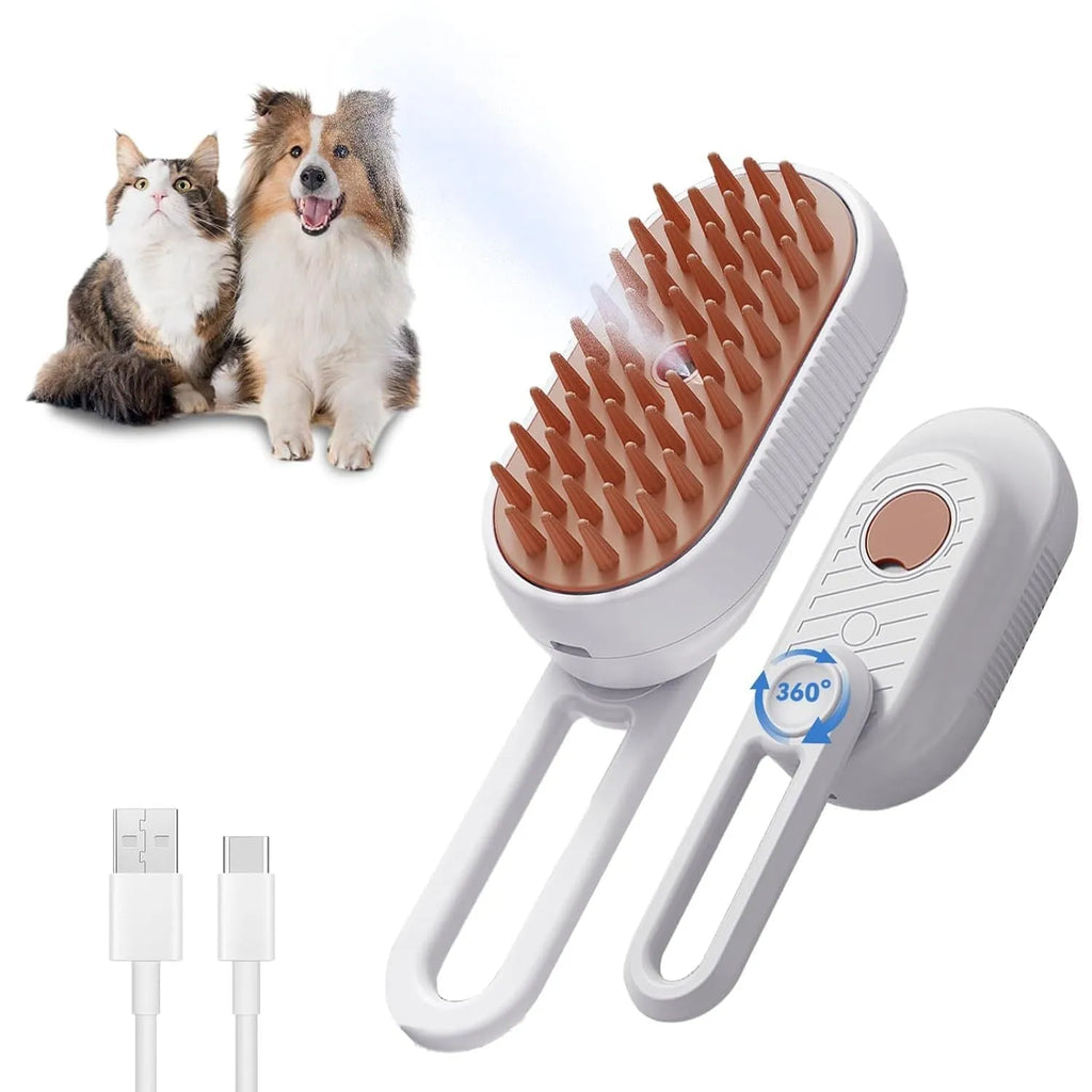 3-in-1 cat steam brush with foldable handle, soft silicone bristles, and spray button for pet grooming