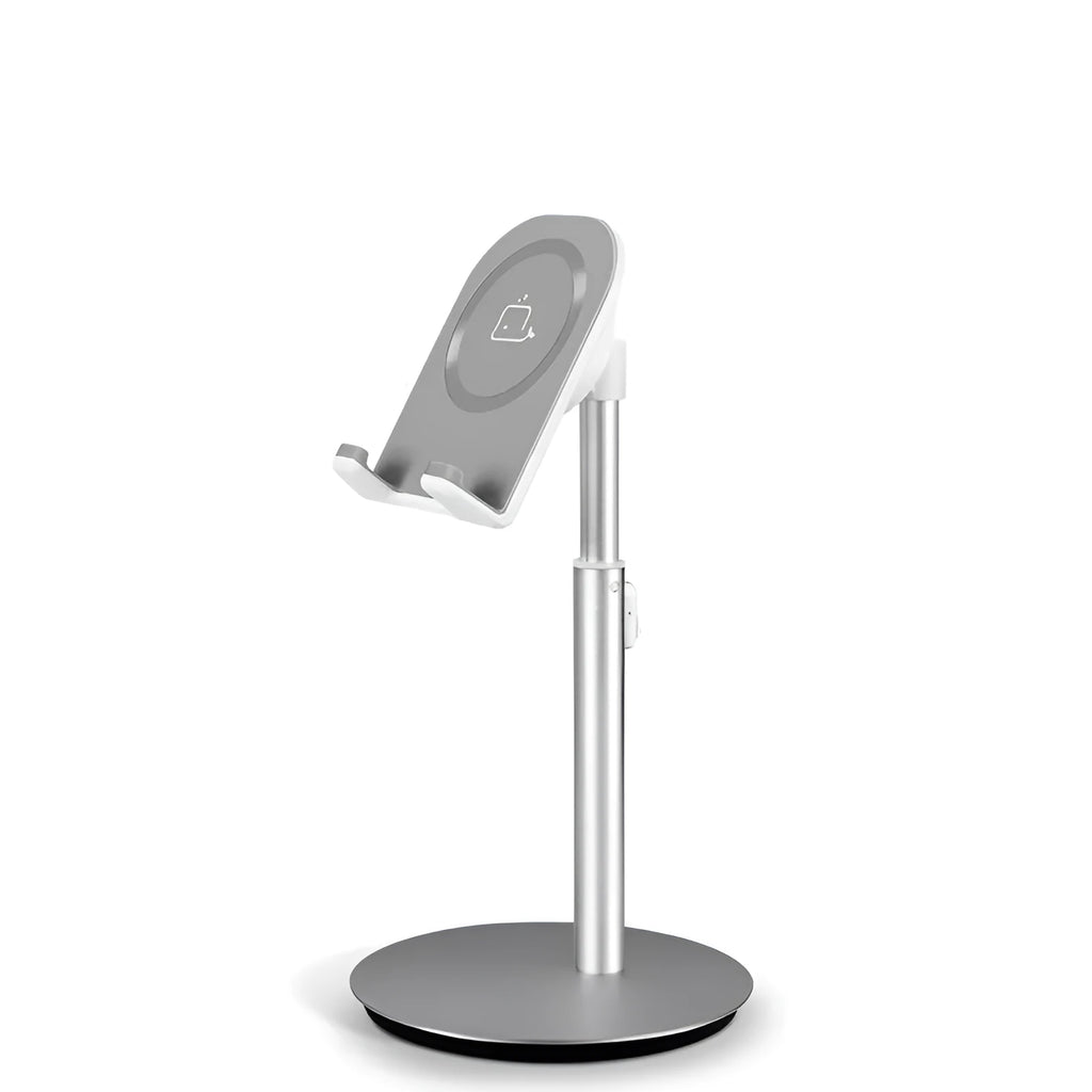 Silver aluminium computer phone holder for mobile phones and tablets on a desktop