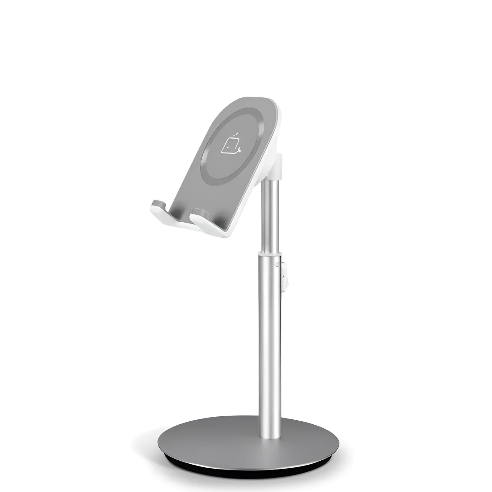 Silver aluminium computer phone holder for mobile phones and tablets on a desktop