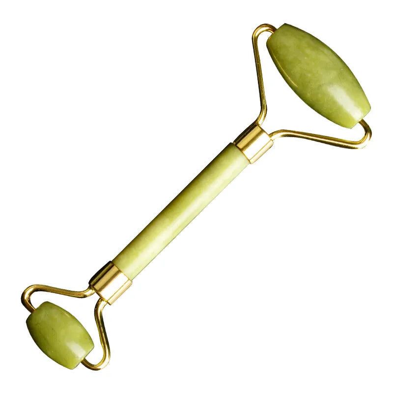 Double-end jade roller with natural Xiuyu jade, 14cm total length, 4.5cm large wheel and 2.2cm small wheel, green colour