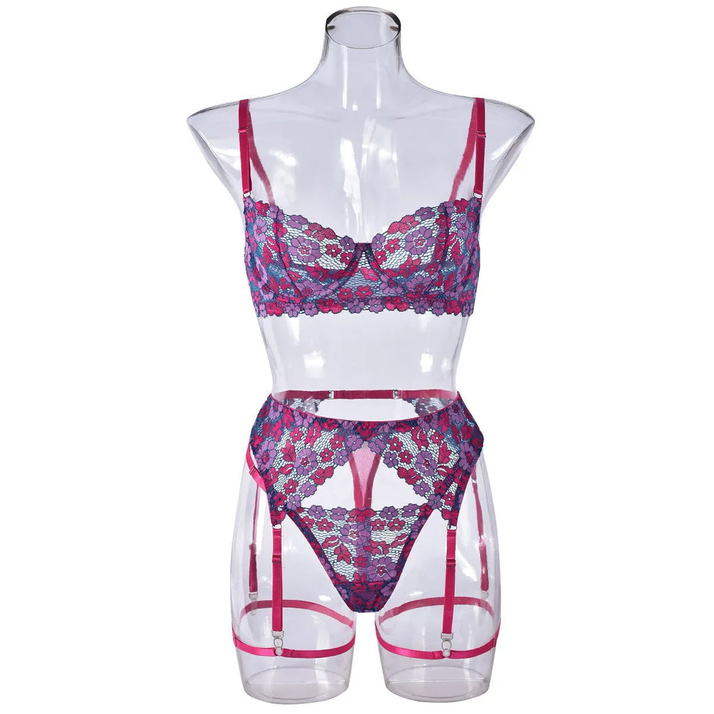 Rose red women's bikini set with embroidered and colour contrast design
