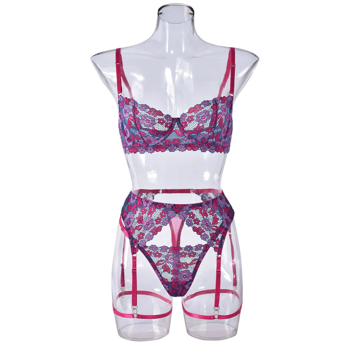 Rose red women's bikini set with embroidered and colour contrast design