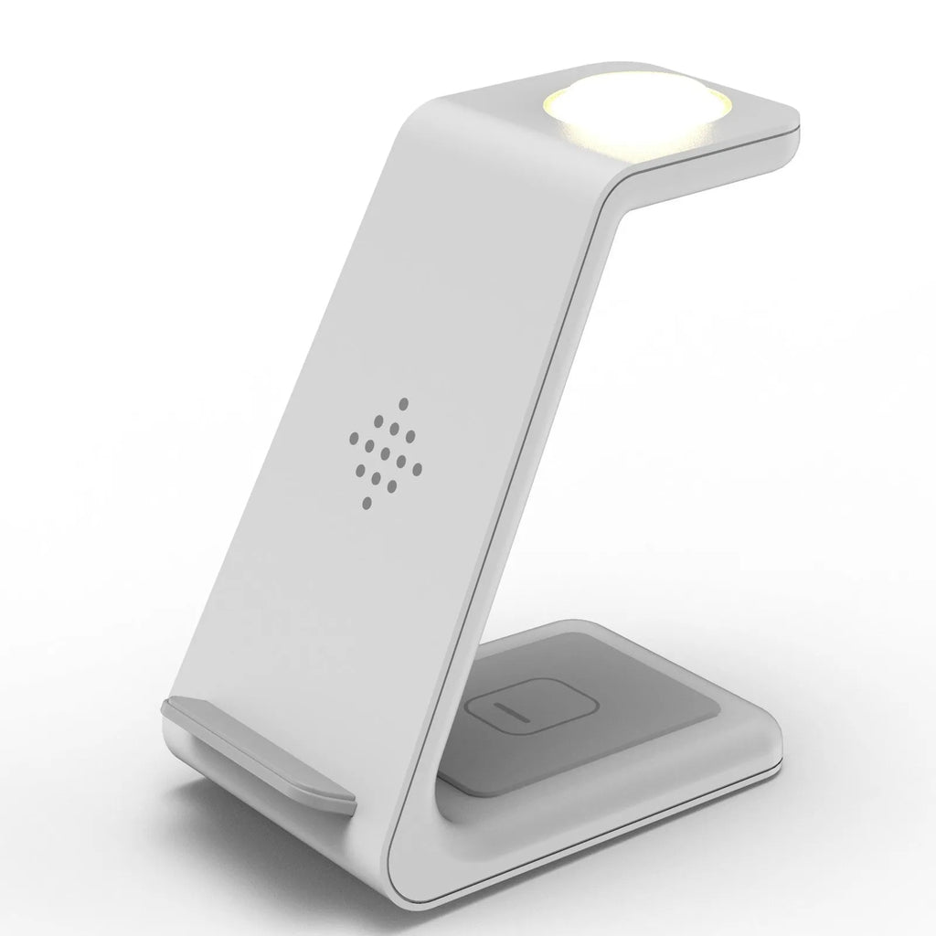 Black 3-in-1 wireless charging station for Samsung Galaxy Watch Active, Galaxy Buds, and iPhone, with 12x10x8cm dimensions