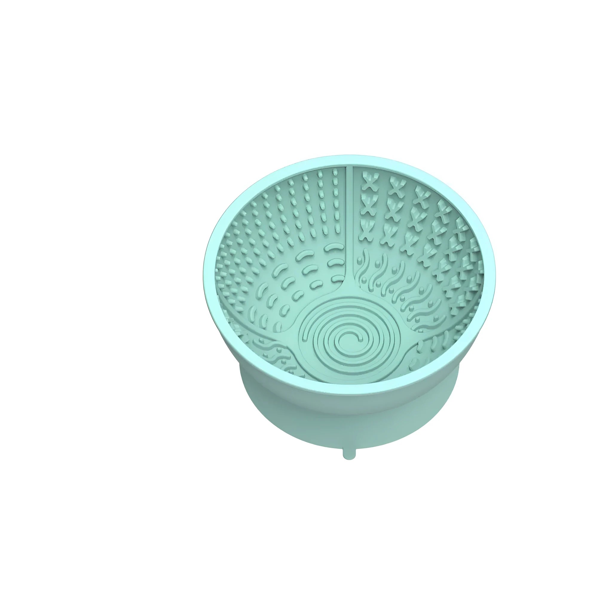 Cyan silicone pet slow feeder bowl with textured surface and suction cup base