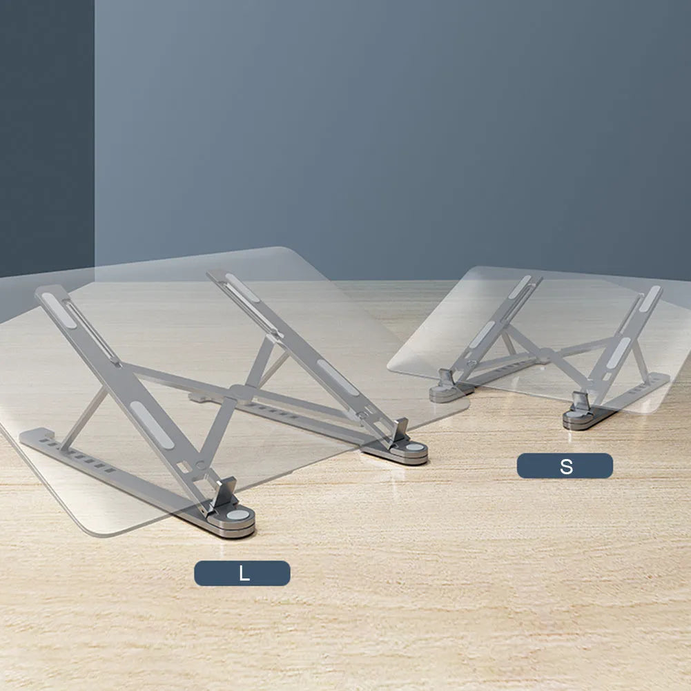 Foldable aluminium laptop stand in silver, shown open at an angle and folded flat.
