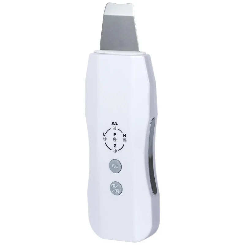 White ultrasonic facial cleanser with stainless steel head, 175x45x20mm, ABS body, EU/US plug