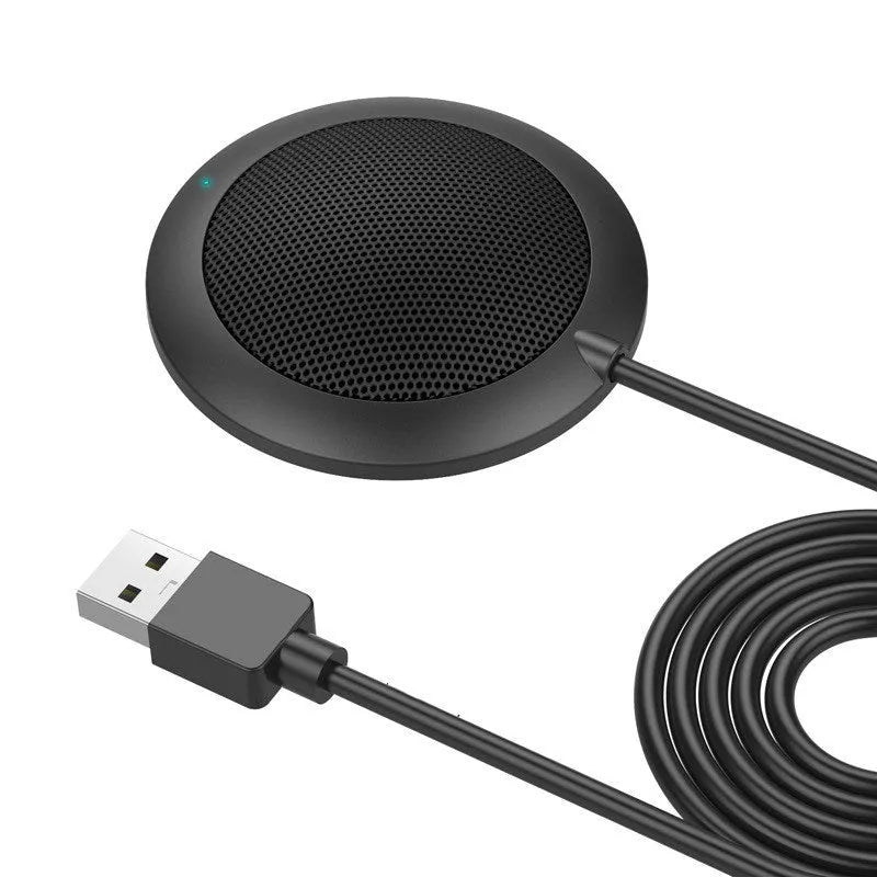Black USB video conference microphone with zinc alloy shell and metal mesh cover, 70mm diameter, 15mm thick, 2m cable