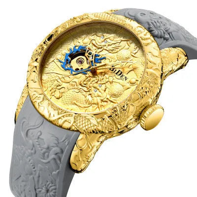 Dragon pattern mechanical watch with black rubber band, 50mm case, and gold accents, available in multiple colours.