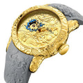 Dragon pattern mechanical watch with black rubber band, 50mm case, and gold accents, available in multiple colours.
