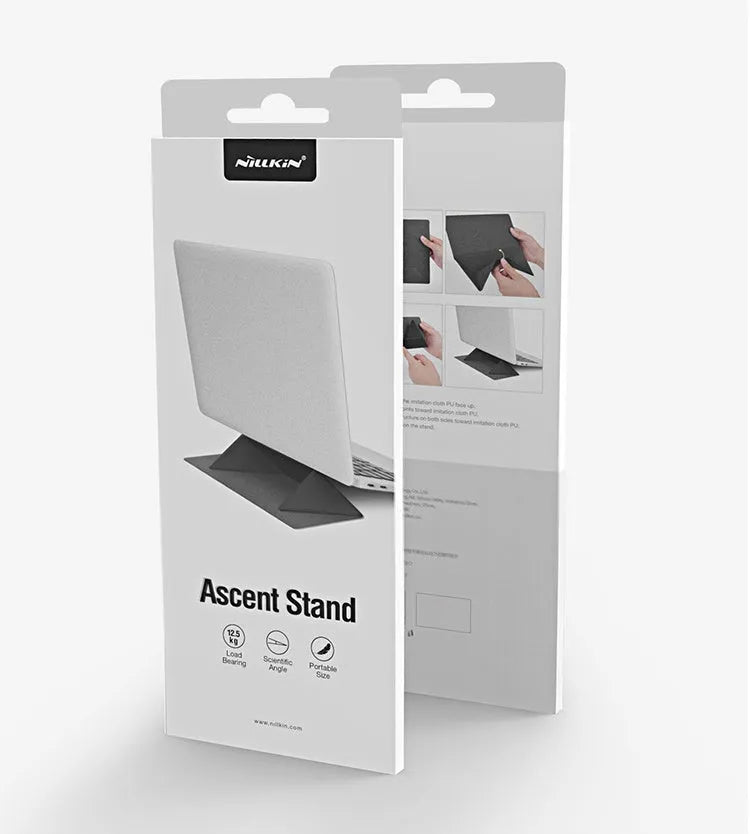 Blue or grey portable foldable laptop cooling stand bracket with anti-slip pads on a flat surface.