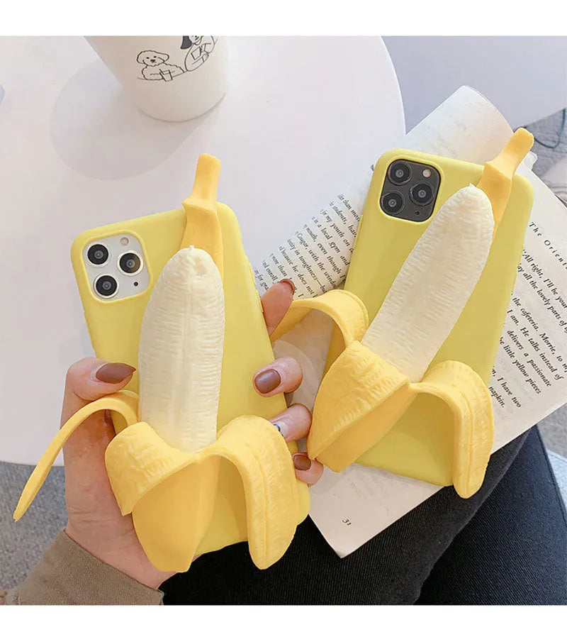 Banana yellow silicone iPhone case with unzip design detail showing anti-slip texture
