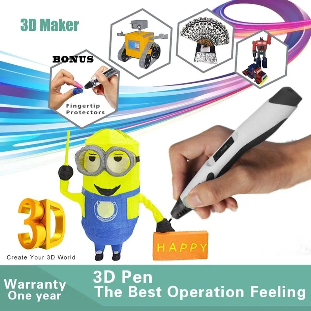 Plastic 3D printing pen in black with nozzle tip, 18cm long, on white background