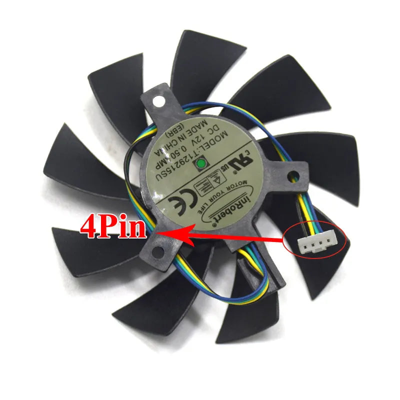 Black square graphics card cooling fan showing 4-pin connector and 85mm dimensions
