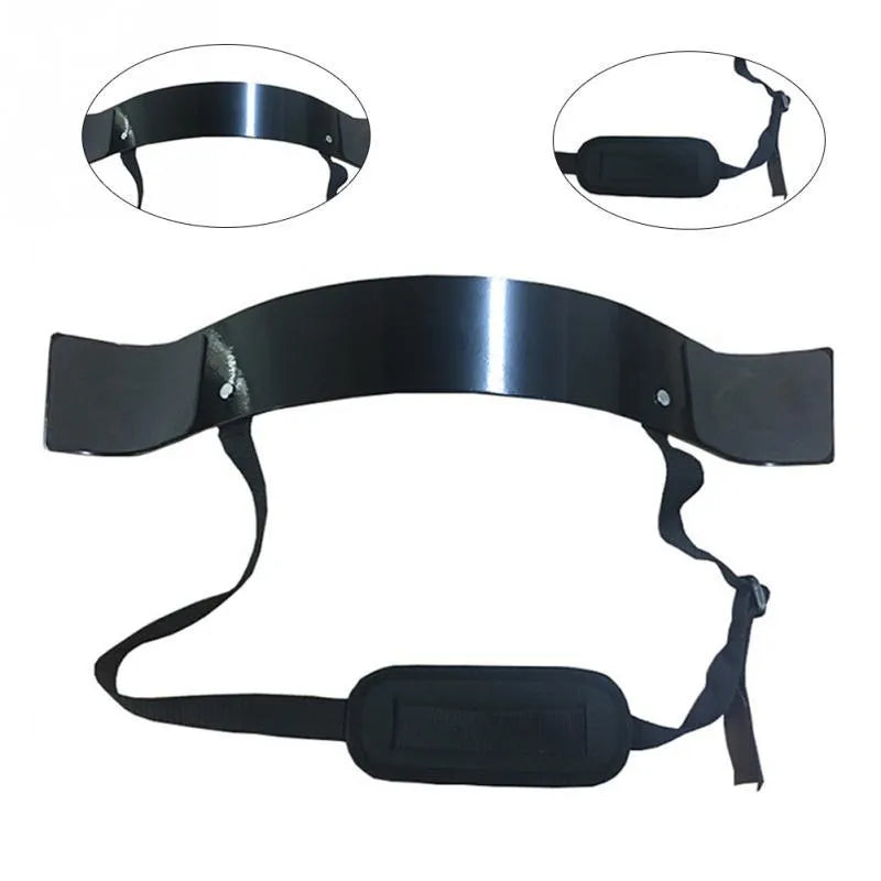 Black aluminium biceps training board with nylon straps and sponge elbow pads on flat surface
