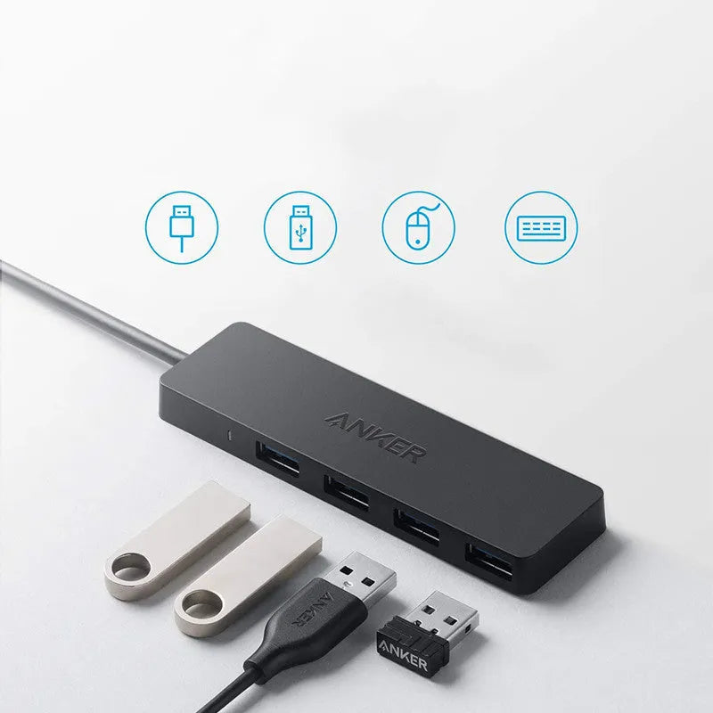 Black Anker 4-port USB 3.0 hub with attached cable, dimensions 30x107 mm.