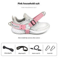 Ankle buckle and leg strength strap tension booties with foot lanyard in black, grey, or pink.