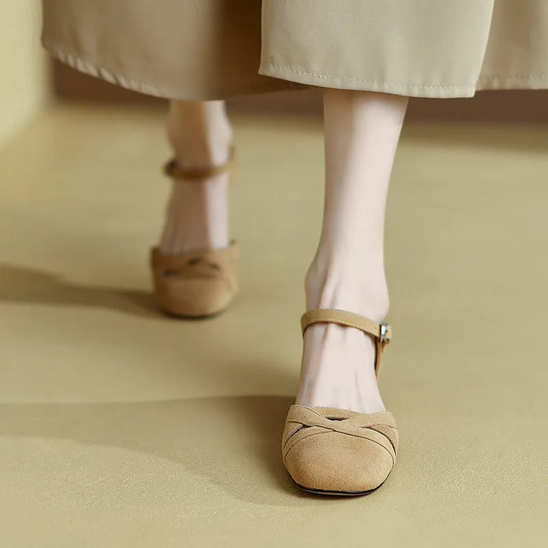 French retro Roman sandals with buckle fastening in apricot colour with round toe design