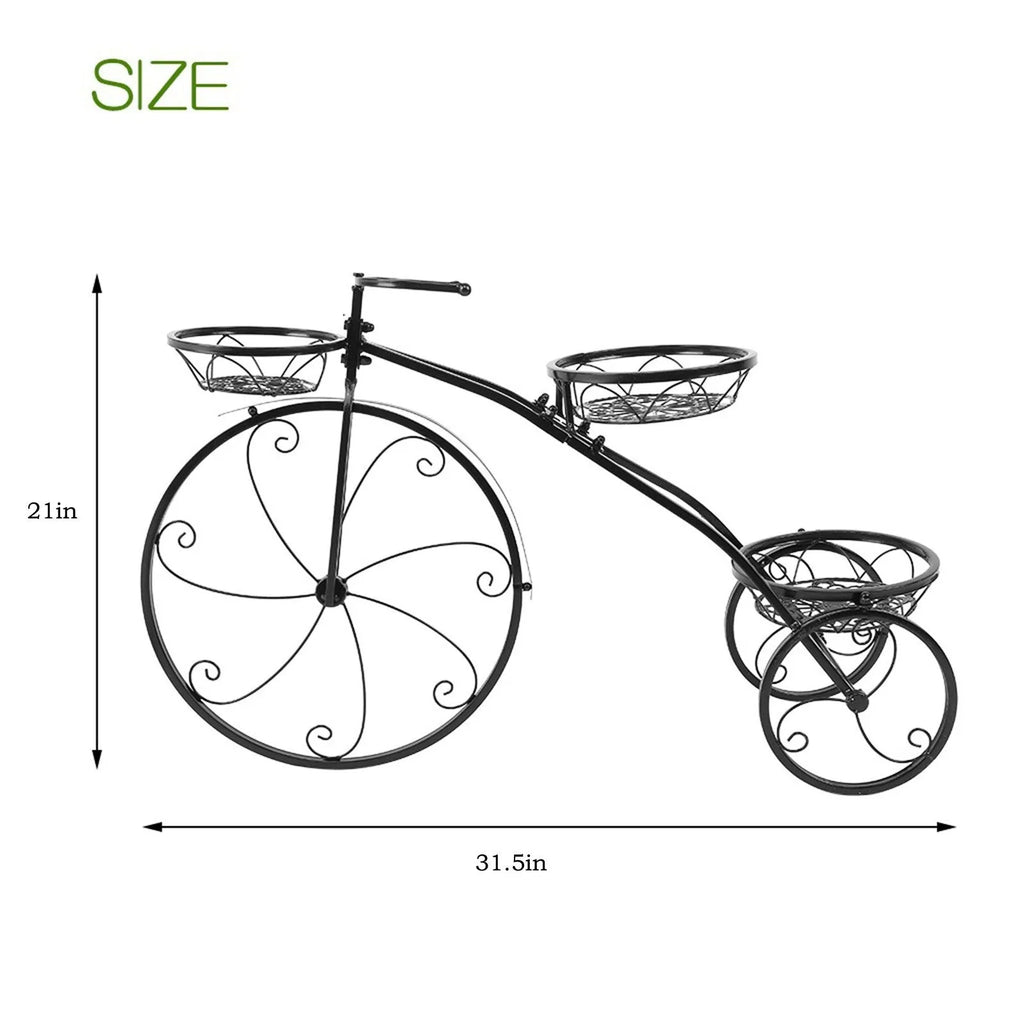 Black iron tricycle plant stand with three round basket holders for smaller planters in home, garden, or patio