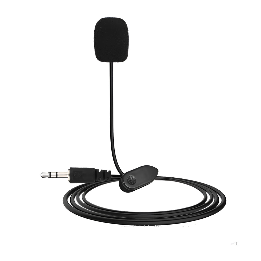 Black condenser lavalier microphone with 2m lead wire and 3.5mm plug for voice recording