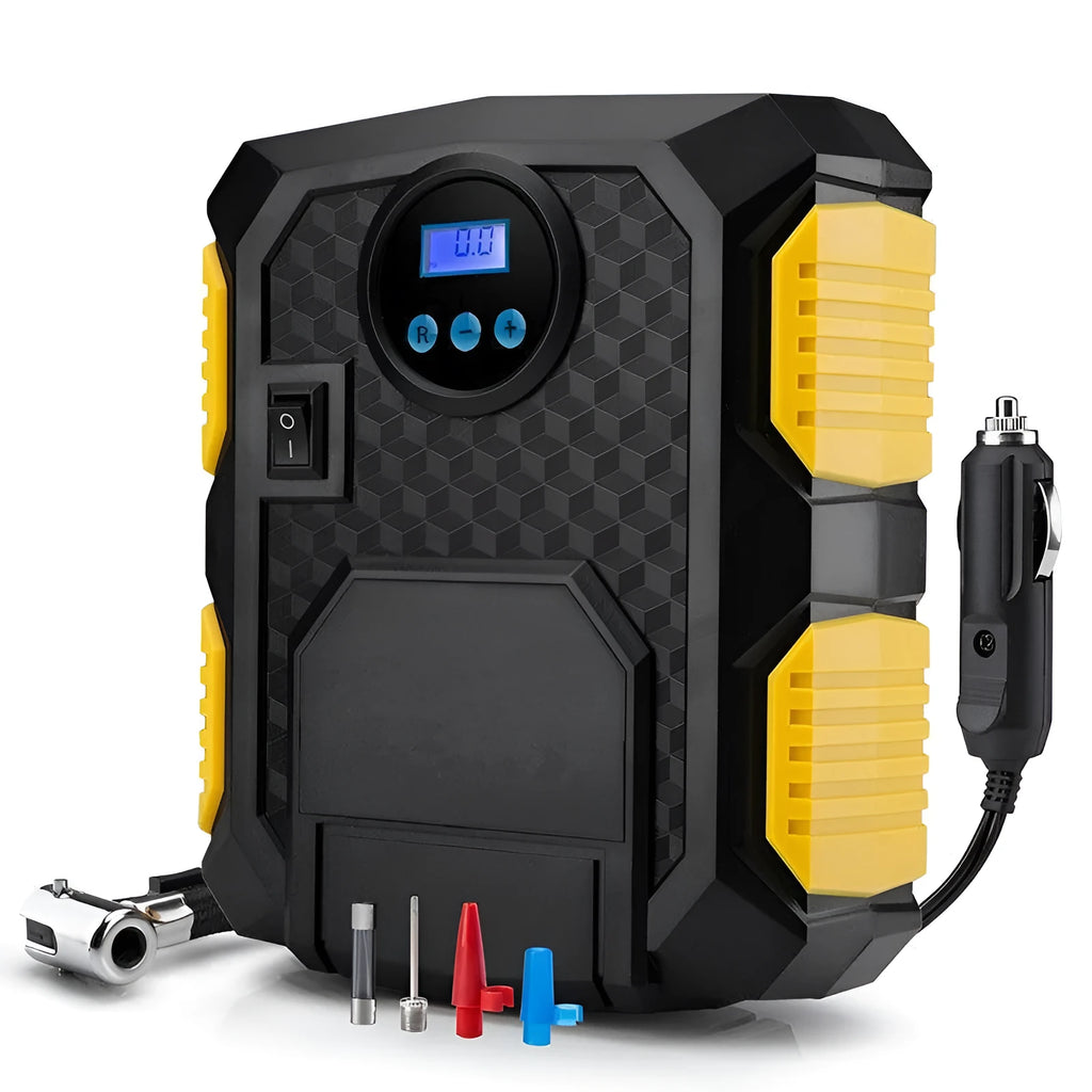 Digital tire inflator DC 12V portable air compressor with LED display, preset controls, three adapters and a three-metre cord