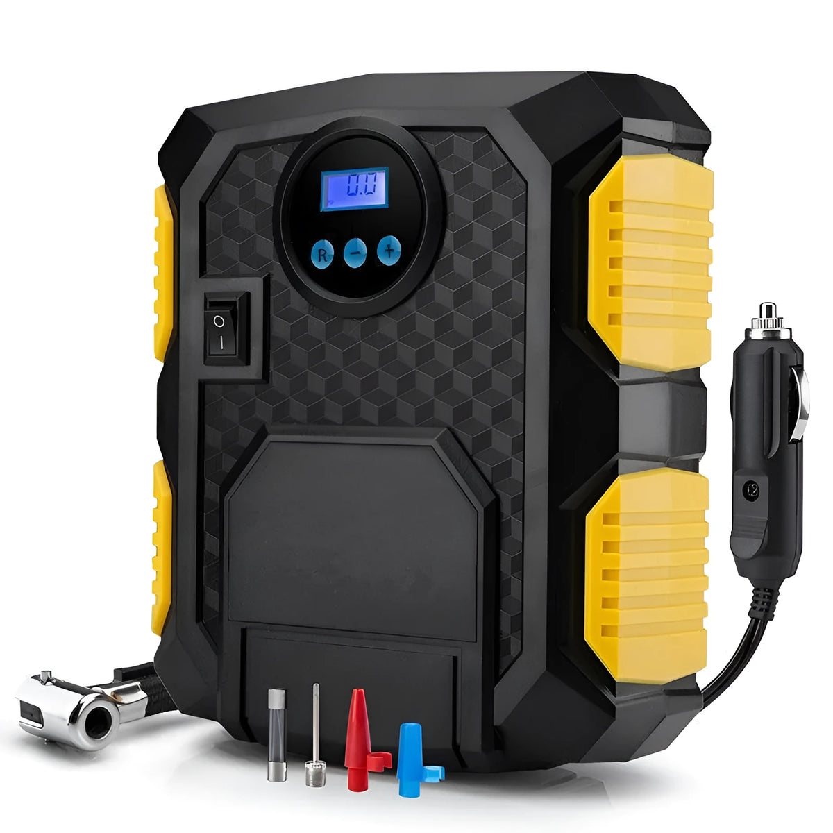 Digital tire inflator DC 12V portable air compressor with LED display, preset controls, three adapters and a three-metre cord