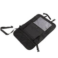 Black universal car organiser hanging storage bag with multiple pockets attached to car headrest
