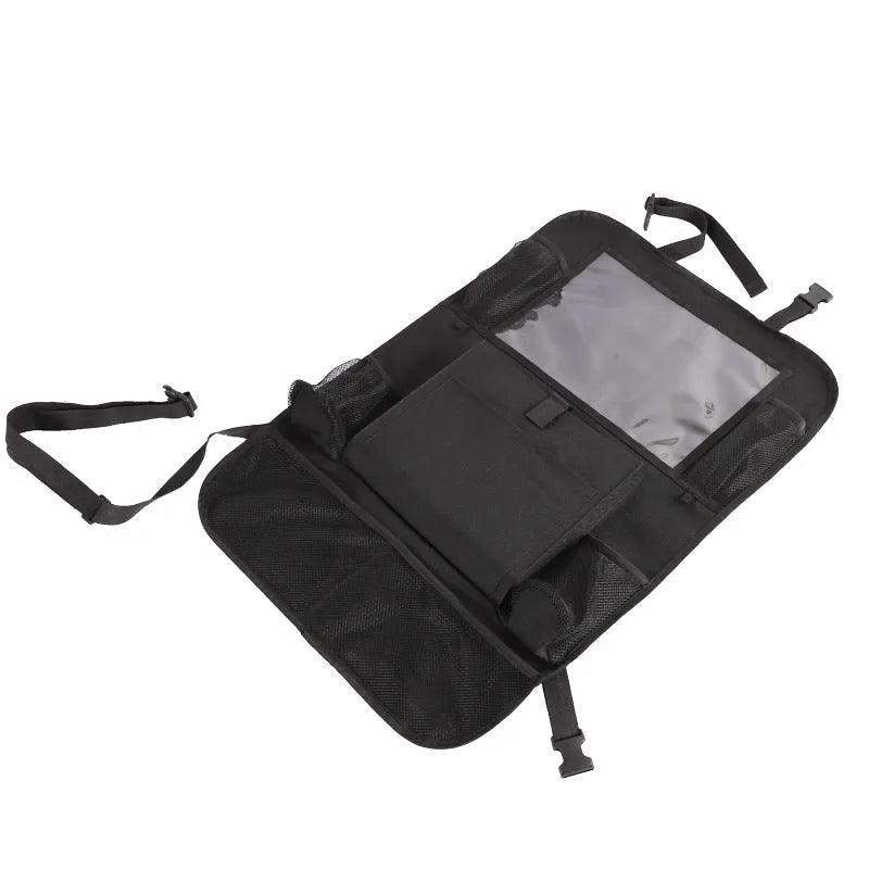 Black universal car organiser hanging storage bag with multiple pockets attached to car headrest