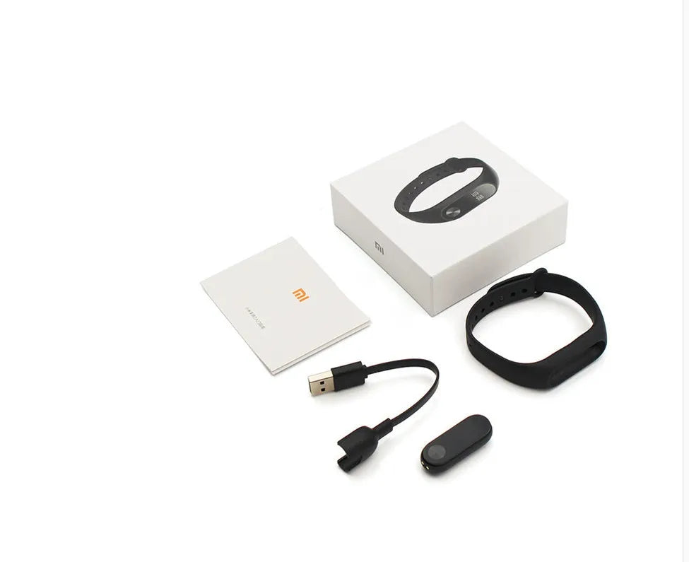 Xiaomi Mi Band 2 black fitness tracker with OLED display on adjustable wrist strap