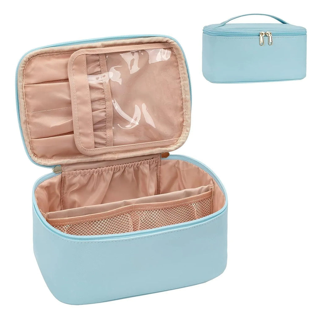 Black large capacity cotton cosmetic bag with handbag handle and nylon lining on plain background