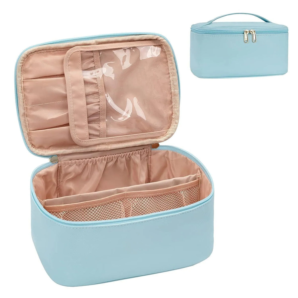 Black large capacity cotton cosmetic bag with handbag handle and nylon lining on plain background