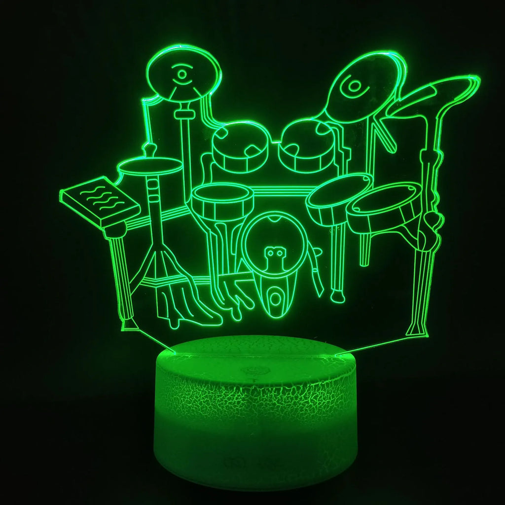 3D acrylic drum kit night light on ABS base with remote control showing colour-changing LEDs
