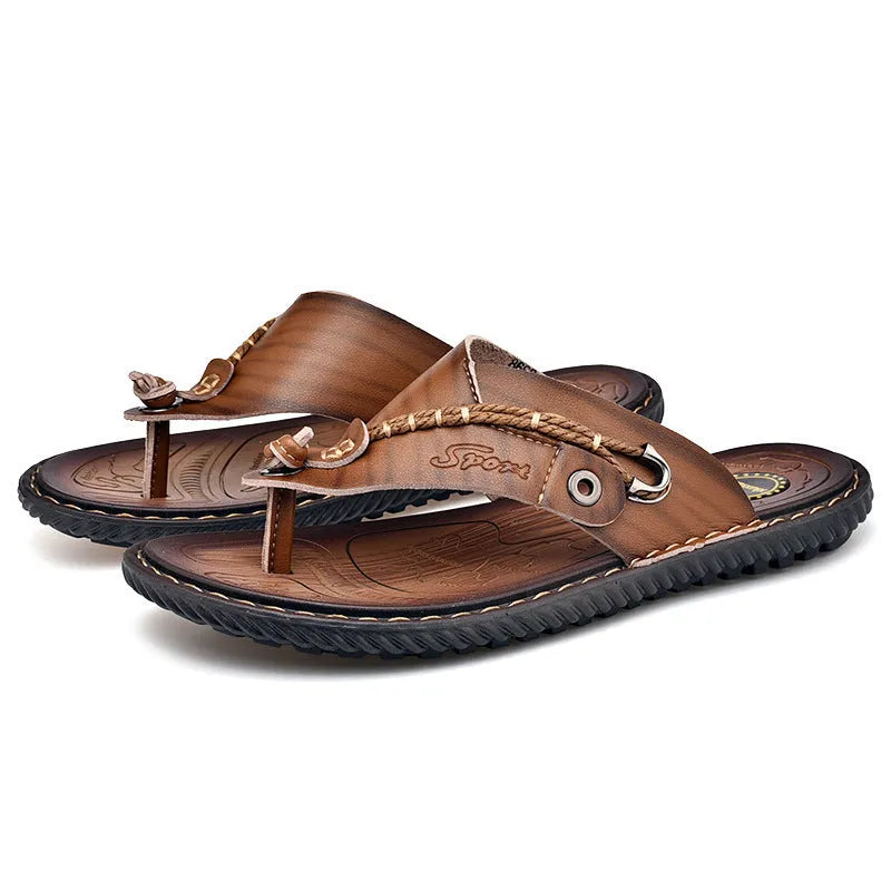 Men's black PU leather casual slippers with non-slip sole on a plain background