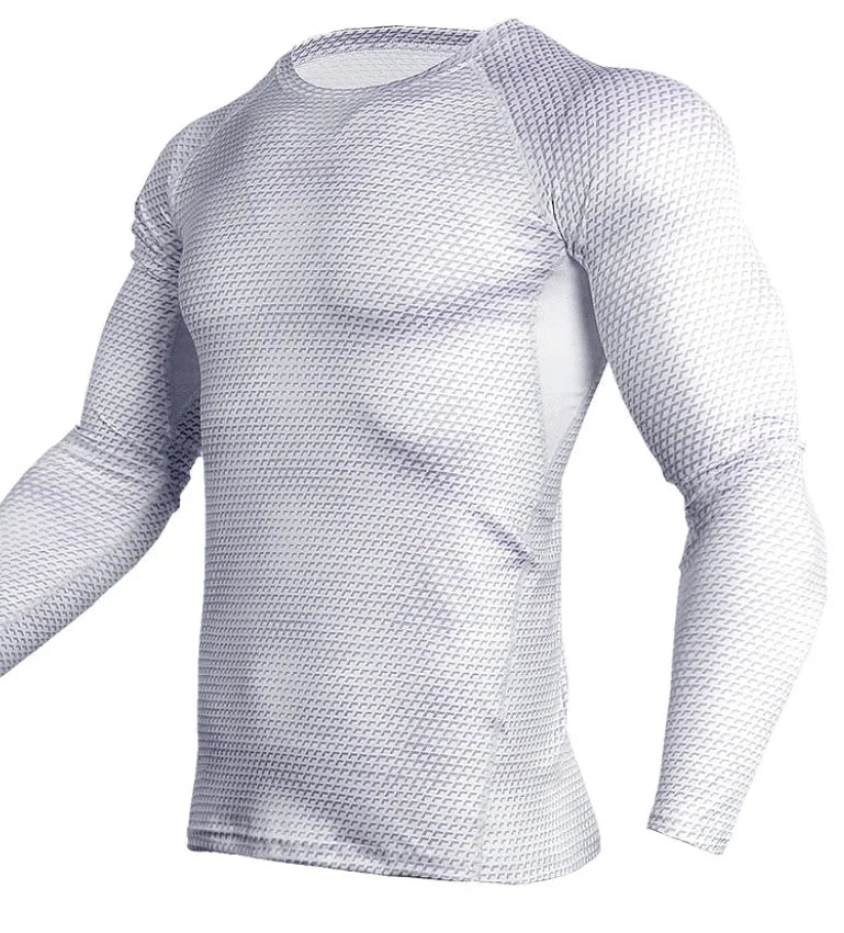 Men's long sleeve compression gym running shirt in blue, showing O-neck and athletic fit
