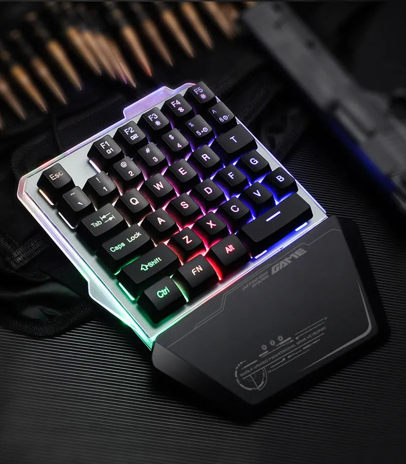 Black G40 Flow one-handed mechanical gaming keyboard with RGB backlighting on keys.