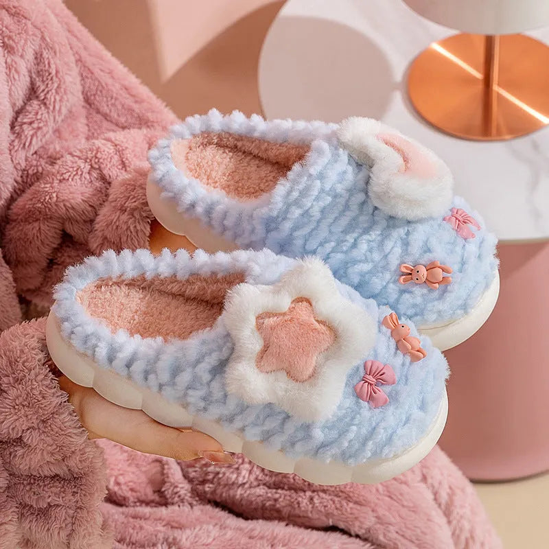 Women's light blue fleece-lined cotton slippers with cartoon animal pattern and plush upper