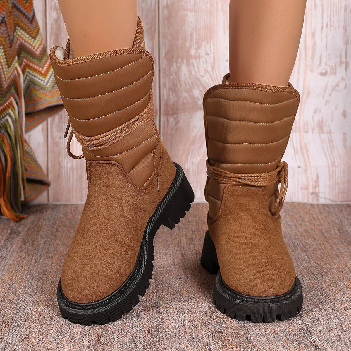 Women's black suede high-top winter boots with a chunky heel and lace-up front, fleece-lined.