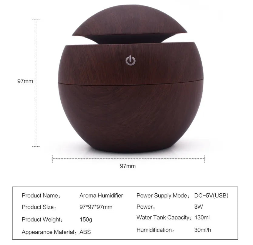 USB ultrasonic atomizer with colourful light and 130ml water tank in white colour option on a wooden desk