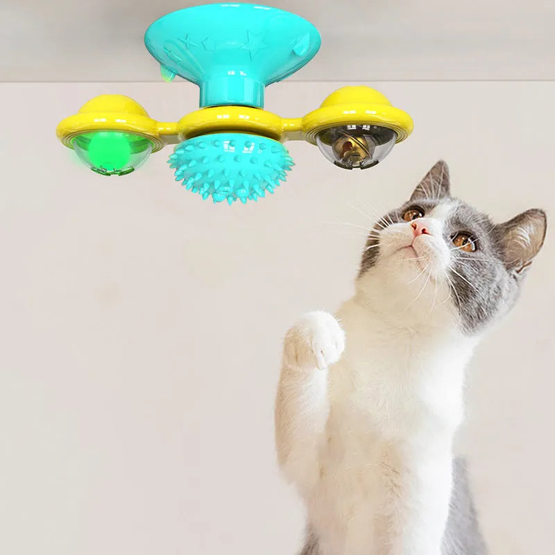 Cat rotating windmill multi-function toy with suction base and luminous ball in blue turntable colour