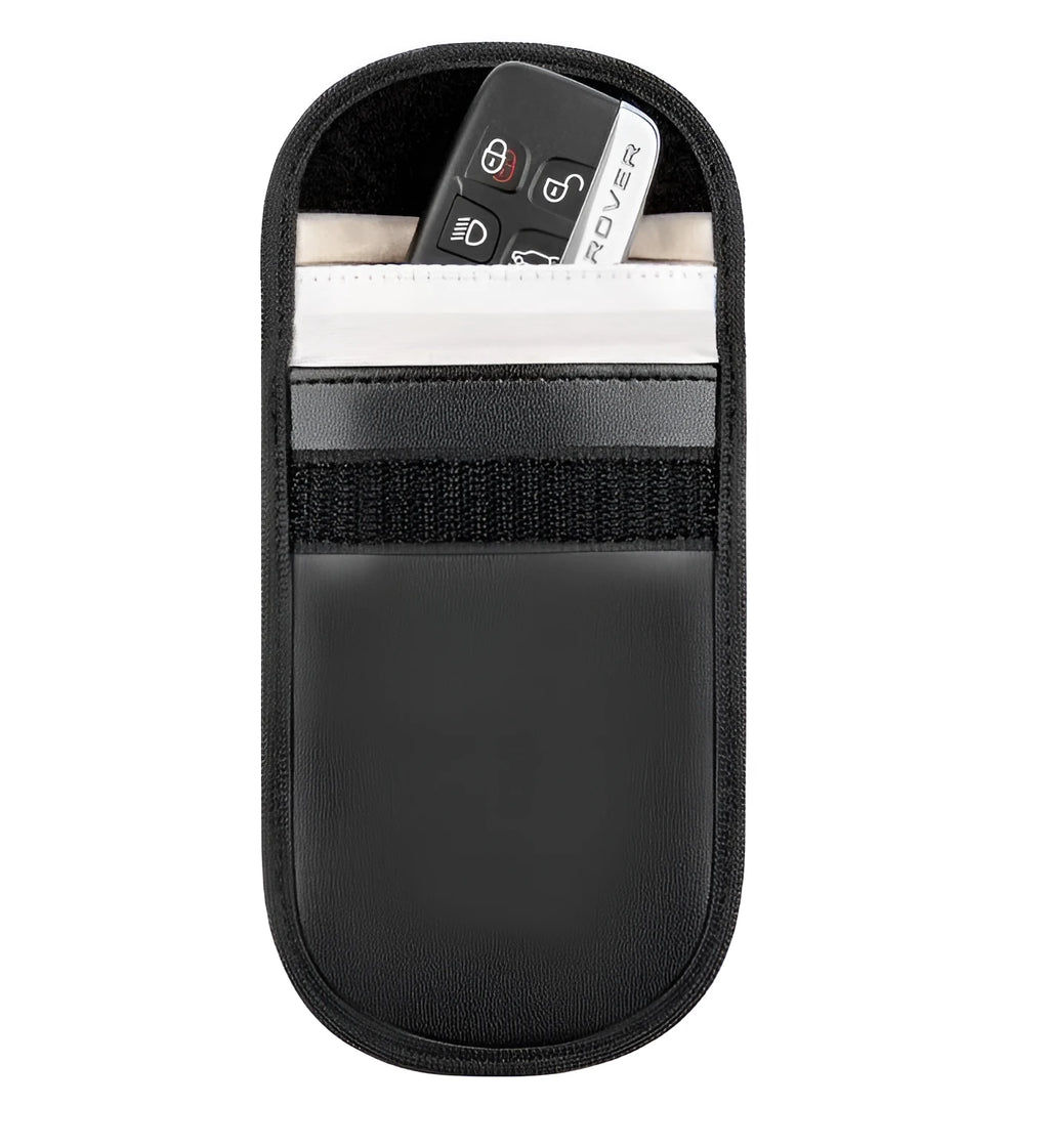 Black microfiber RFID shielding bag for car keys and credit cards, shown with dimensions.