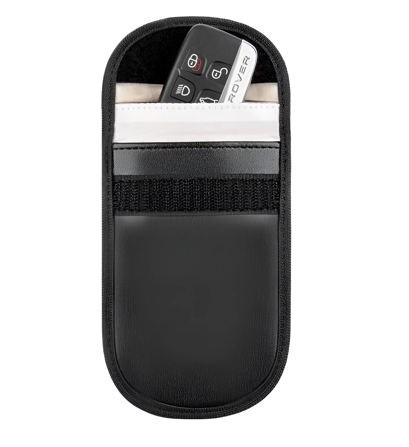 Black microfiber RFID shielding bag for car keys and credit cards, shown with dimensions.