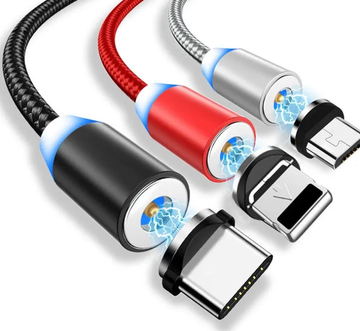 Black cotton braided magnetic charging cable with LED light and three-in-one plug for iPhone and Android phones