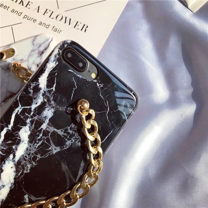TPU marble phone case with pearl chain in black for iPhone