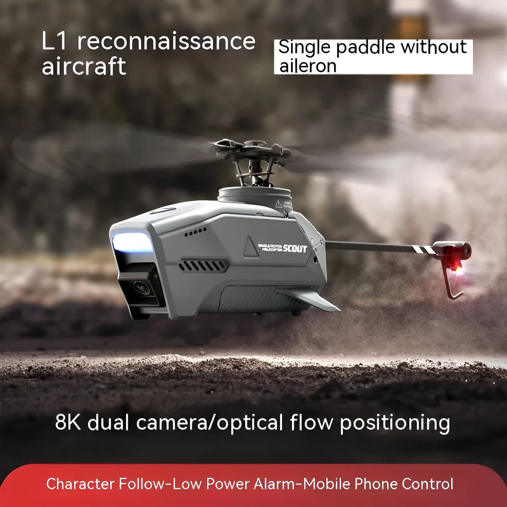 Silver remote control drone with 8K dual camera, optical flow stability, follow mode and stunt flight, under 30cm