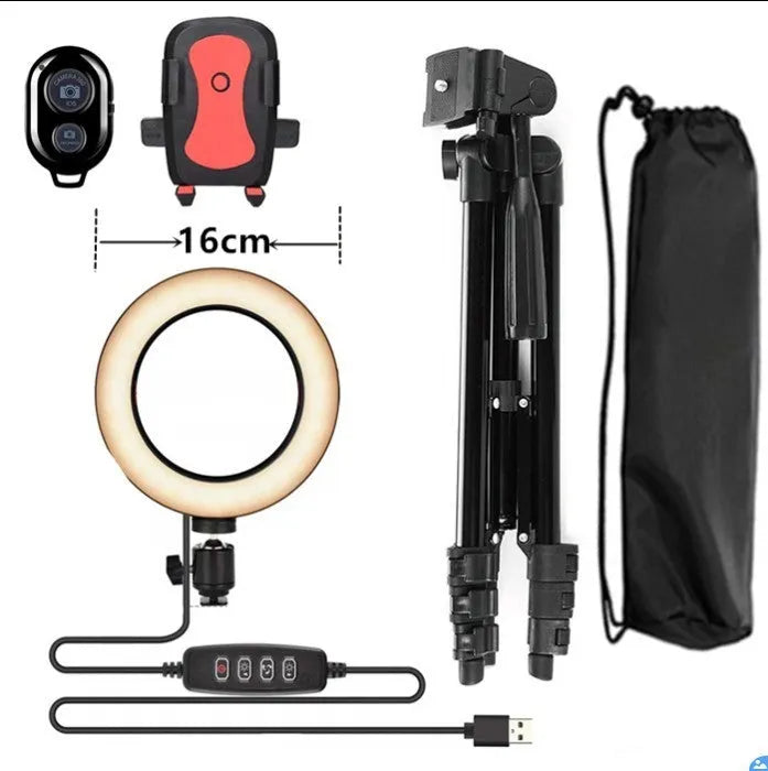 Adjustable live phone stand with flexible gooseneck arm extended, holding a smartphone on a heavy base.