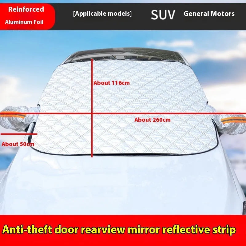 Winter car windshield cover with aluminium foil construction and magnetic fasteners for SUV frost protection