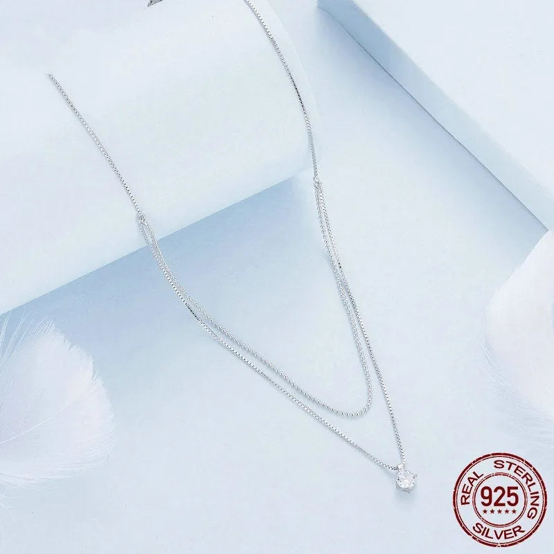 S925 sterling silver double-layer pearl chain necklace with silver pendant for women