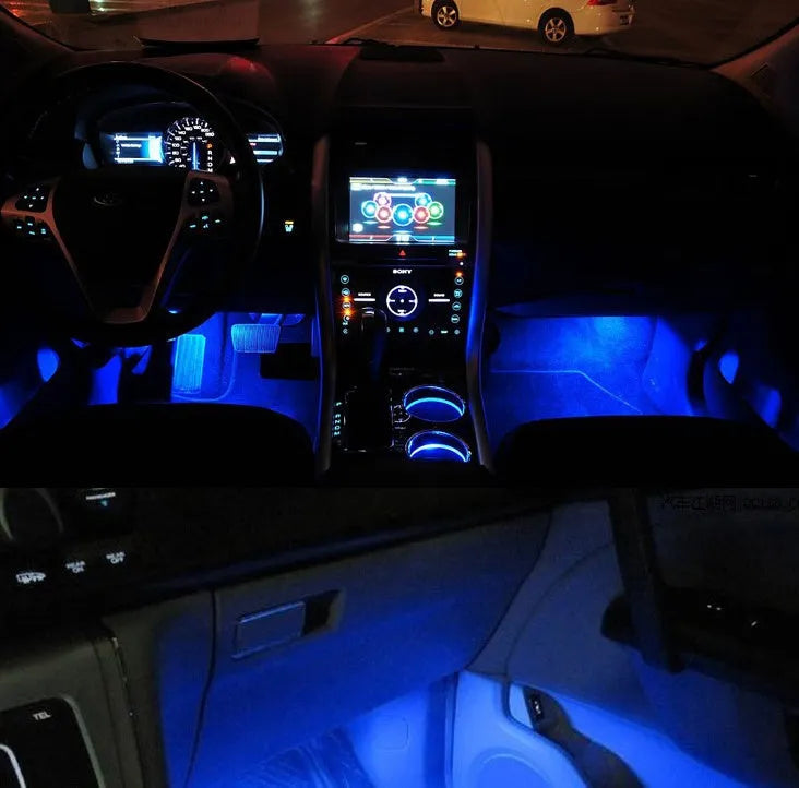 Blue car interior atmosphere lights, four rotatable LED xenon lamps, 60mm by 16mm, cigarette lighter plug and tape