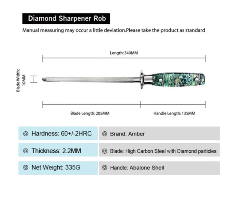 Household manual knife sharpener with high carbon steel blade and abalone shell handle.
