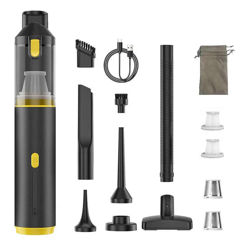 Rechargeable 96W cordless car vacuum cleaner with multiple nozzles in black and rose gold